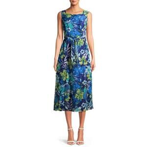 New! Evan Picone Ruched Belted Floral Chiffon Overlay Fit & Flare Midi Dress